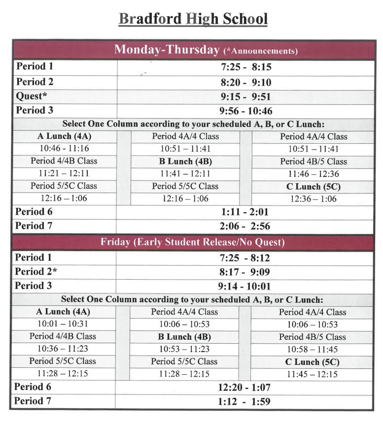 School Hours Bradford High School