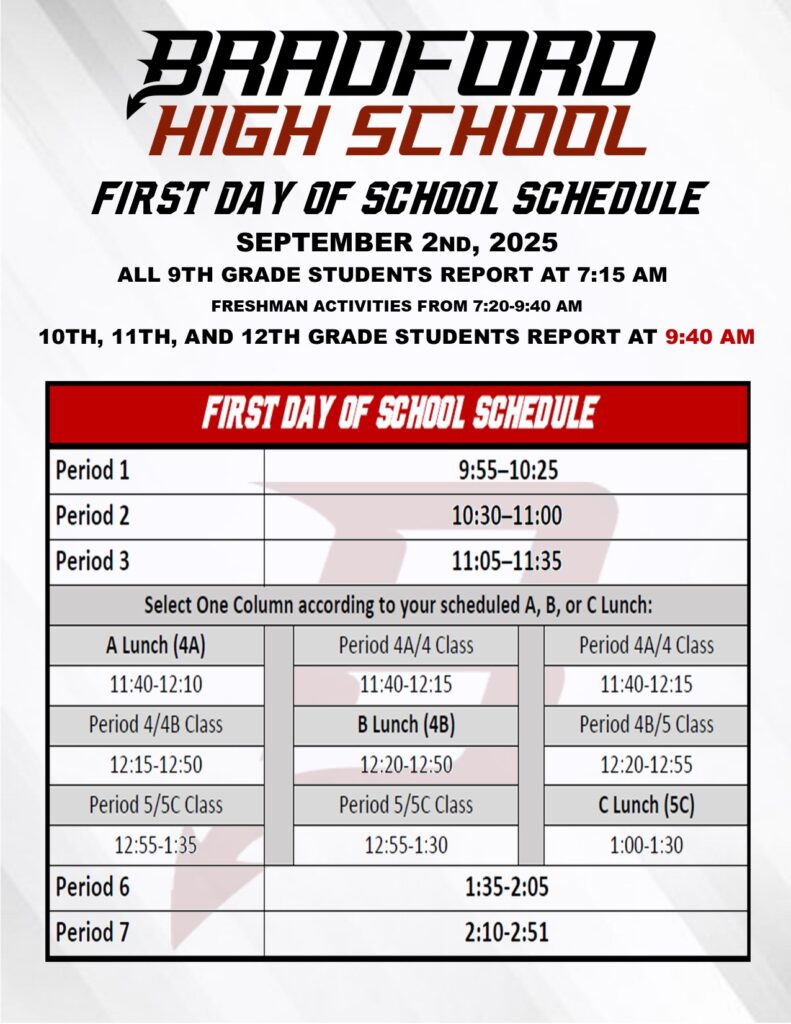 Bradford High School First Day of School Schedule September 2nd, 2025 All 9th grade students report at 7:15am. Freshman activities are from 7:20-9:40am 10th, 11th, & 12th grade students report at 9:40am SCHEDULE: Period 1 9:55–10:25 Period 2 10:30–11:00 Period 3 11:05–11:35 Select One Column according to your scheduled A, B, or C Lunch: A Lunch (4A) Period 4A/4 Class Period 4A/4 Class 11:40-12:10 11:40-12:15 11:40-12:15 Period 4/4B Class B Lunch (4B) Period 4B/5 Class 12:15-12:50 12:20-12:50 12:20-12:55 Period 5/5C Class Period 5/5C Class C Lunch (5C) 12:55-1:35 12:55-1:30 1:00-1:30 Period 6 1:35-2:05 Period 7 2:10-2:51