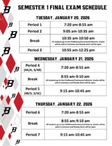 Semester 1 Final Exam Schedule Tuesday, January 20, 2026 Period 1 7:20 am-8:55 am Period 2 9:05 am-10:35 am Break 10:35 am-10:45 am All students go to the Fieldhouse/Commons/Cafeteria. Snacks will be sold in Commons and Rowdy Store will be open. Period 3 10:50 am-12:25 pm Wednesday, January 21, 2026 Period 4 (4A/A, 4/4B) 7:20 am-8:55 am Break 8:55 am-9:05 am All students go to the Fieldhouse/Commons/Cafeteria. Snacks will be sold in Commons and Rowdy Store will be open. Period 5 (4B/5, 5/5C) 9:10 am-10:45 am Thursday, January 22, 2026 Period 6 7:20 am-8:55 am Break 8:55 am-9:05 am All students go to the Fieldhouse/Commons/Cafeteria. Snacks will be sold in Commons and Rowdy Store will be open. Period 7 9:10 am-10:45 am
