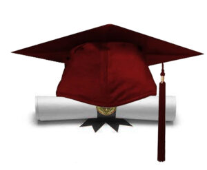 Red graduation cap with diploma
