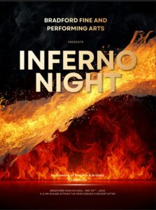 Join us for The Bradford Arts Inferno on Friday, May 29, from 5 to 6 PM, where you can enjoy a mesmerizing percussion performance at 6 PM and explore student art galleries displayed throughout the building.