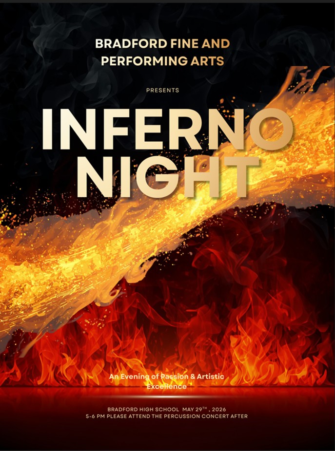 Join us for The Bradford Arts Inferno on Friday, May 29, from 5 to 6 PM, where you can enjoy a mesmerizing percussion performance at 6 PM and explore student art galleries displayed throughout the building.