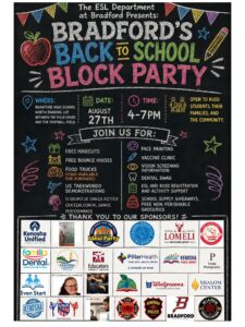 Kenosha Bradford High School's ESL Department invites you to its Back-to-School Block Party! 🎉 Stop in for an evening of connection, celebration, and resources as we welcome students and families back for a successful school year. 📅 Date: Thursday, August 27 ⏰ Time: 4:00–7:00 PM 📍 Location: Bradford High School What to Expect: 🎒 Free School Supply Giveaway 💇 Free Haircuts 🛒 Free Groceries 🎈 Bounce House 🎨 Face Painting 📚 Kenosha Public Library Bookmobile 🍔 Food Trucks (food available for purchase) Entertainment & Demonstrations: 💃 El Grupo de Danza Azteca Quetzalcoatl 🥋 US Taekwondo Academy Family & Community Support: 🌎 English Lessons & ESL Support 🖥️ Assistance with: • School Registration • ParentSquare • Free & Reduced Lunch Applications 🤝 Community Resources including: • On-site Vaccine Clinic • Dental Swag & Hygiene Resources • Eye Screening Information 🏢 Connect with Local Vendors & Community Partners who support our students and families! ⭐ Free haircuts, giveaways, and school supplies are available while supplies last. We look forward to celebrating with you! Empowering Students. Strengthening Community. Together, We’re Building a Better Bradford.