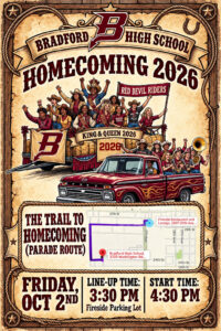 THE HOMECOMING PARADE IS BACK! Get ready to celebrate Bradford Homecoming 2026 with the return of one of our favorite traditions! Line up time is at 3:30pm at the Fireside Restaurant Parking lot 2707 30th Ave Join us on Friday, October 2, 2026, at 4:30 PM as the Homecoming Parade kicks off at Fireside Restaurant and Lounge, travels through Bradford Estates, continues to 39th Avenue, and finishes at Bradford High School! Bring your family, friends, and Bradford spirit and help us make this Homecoming Parade one to remember! We can’t wait to see our Bradford community lining the route and celebrating together! Have questions or concerns? Please contact Ms. Schwantes at aschwant@kusd.edu. Let’s bring the spirit, Bradford! See you at the parade!