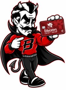 Rowdy the Red Devil holding an ECU bank card
