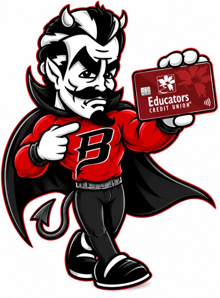 Rowdy the Red Devil holding an ECU bank card