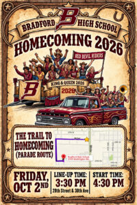 THE HOMECOMING PARADE IS BACK! Get ready to celebrate Bradford Homecoming 2026 with the return of one of our favorite traditions! Join us on Friday, October 2, 2026, at 4:30 PM as the Homecoming Parade kicks off  on 29th Street and 30th Avenue, travels through Bradford Estates, continues to 39th Avenue, and finishes at Bradford High School! Bring your family, friends, and Bradford spirit and help us make this Homecoming Parade one to remember! We can’t wait to see our Bradford community lining the route and celebrating together! Have questions or concerns? Please contact Ms. Schwantes at aschwant@kusd.edu. Let’s bring the spirit, Bradford! See you at the parade!