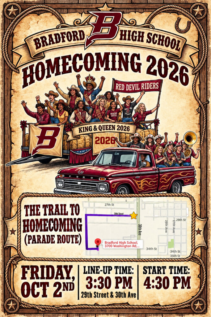 THE HOMECOMING PARADE IS BACK! Get ready to celebrate Bradford Homecoming 2026 with the return of one of our favorite traditions! Join us on Friday, October 2, 2026, at 4:30 PM as the Homecoming Parade kicks off on 29th Street and 30th Avenue, travels through Bradford Estates, continues to 39th Avenue, and finishes at Bradford High School! Bring your family, friends, and Bradford spirit and help us make this Homecoming Parade one to remember! We can’t wait to see our Bradford community lining the route and celebrating together! Have questions or concerns? Please contact Ms. Schwantes at aschwant@kusd.edu. Let’s bring the spirit, Bradford! See you at the parade!