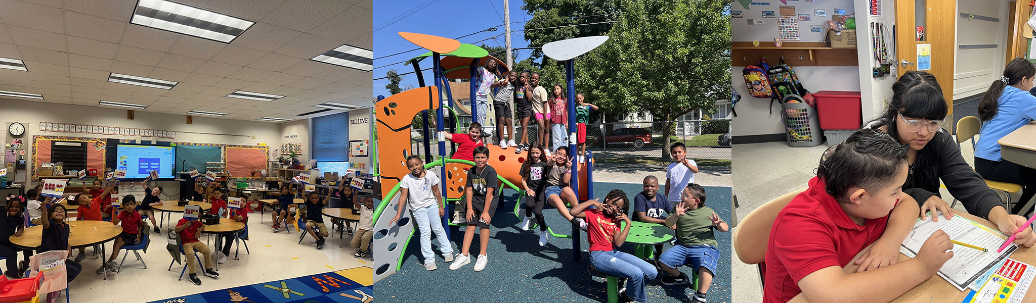 Photo collage of young children in the classroom holding up counting boards, a group of children playing in the playground, and a student working on an assignment with a teacher.