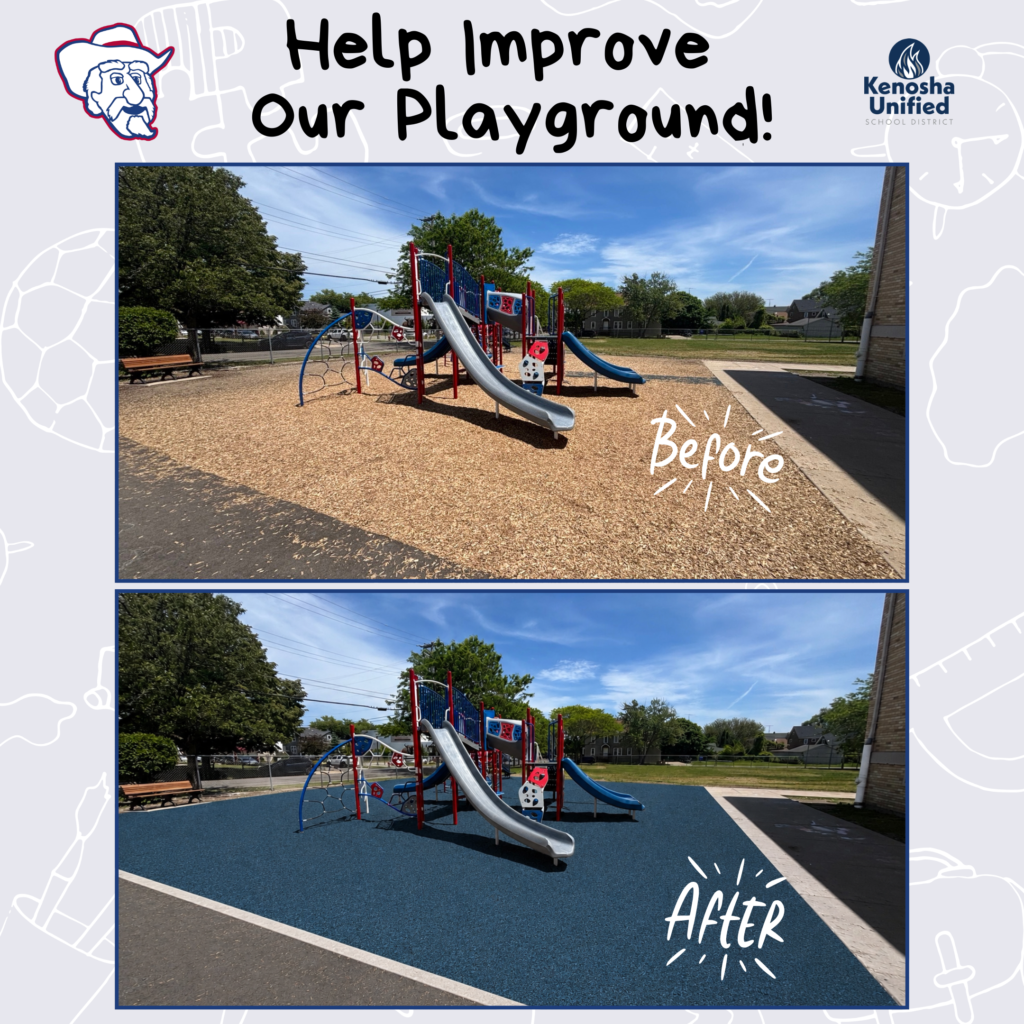 Before and after image of the Frank Elementary Playground with a new rubberized surface underneath the playground equipment.