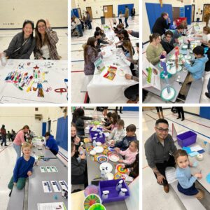 Pleasant Prairie STEAM Night, a collage of families working on STEAM projects at tables in the gym.