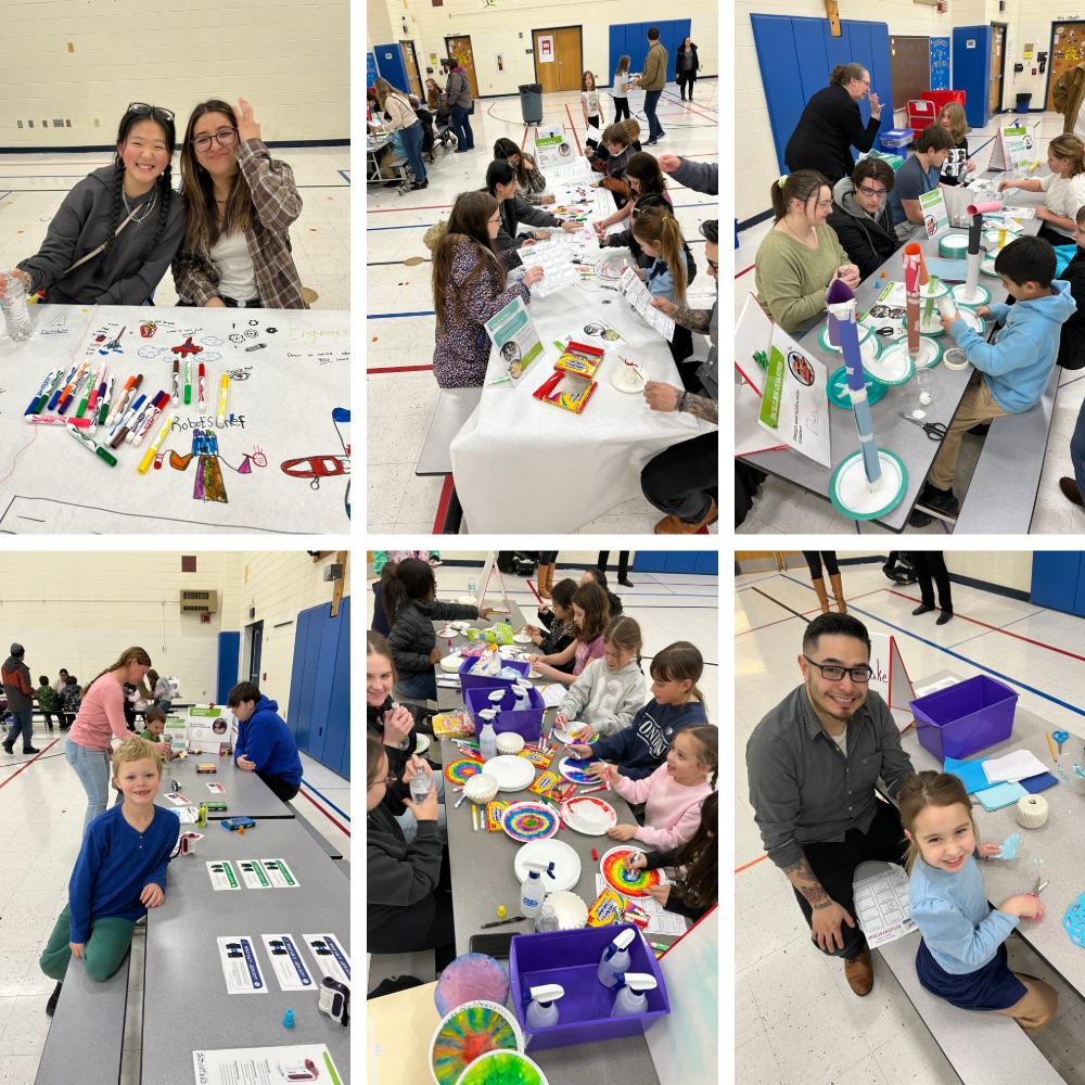 Pleasant Prairie STEAM Night, a collage of families working on STEAM projects at tables in the gym.