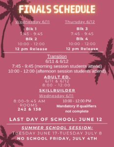 Finals Schedule for June