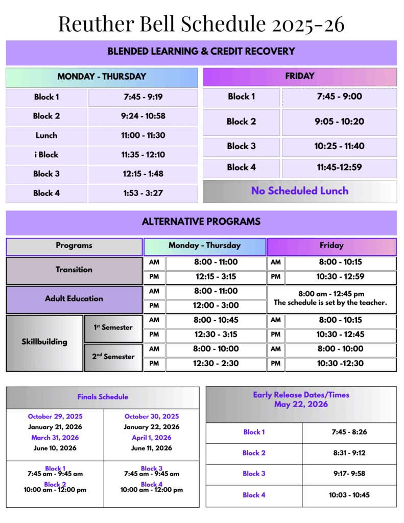 Bell Schedule for the 2025-26 School Year