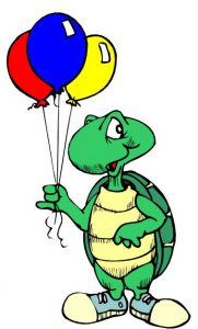 Cartoon turtle holding three balloons