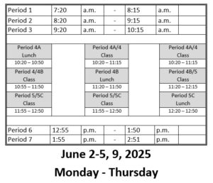 New Bell Schedule June 2-5 & 9