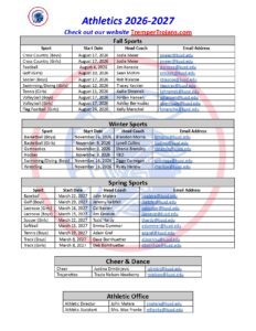 Athletic Registration Open and Start Dates and Contact Info