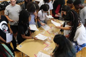 Students working on a project at a table.