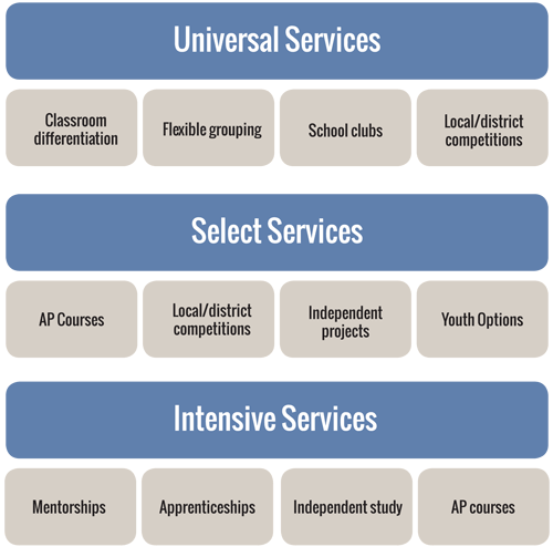 Classroom differentiation, Flexible grouping, School clubs, Local/district competitions. Select Services: AP Courses, Local/district competitions, Independent projects, Youth Options. Intensive Services: Mentorships, Apprenticeships, Independent study, AP courses.