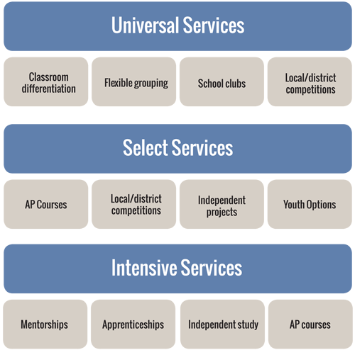  Classroom differentiation, Flexible grouping, School clubs, Local/district competitions. Select Services: AP Courses, Local/district competitions, Independent projects, Youth Options. Intensive Services: Mentorships, Apprenticeships, Independent study, AP courses.