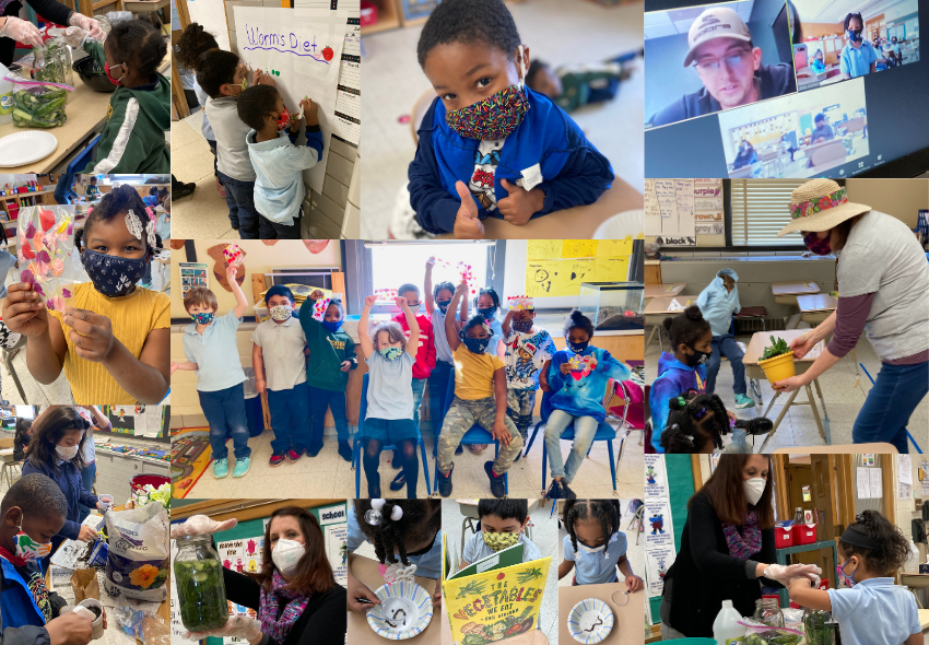 A collage of photos of students learning about a variety of gardening topics.