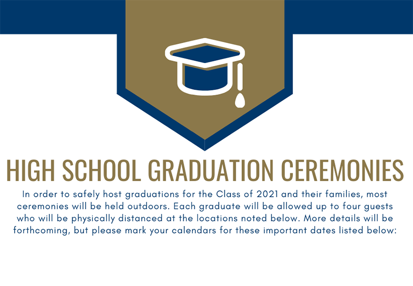 High School graduation ceremonies: In order to safely host graduations for the Class of 2021 and their families, most ceremonies will be held outdoors. Each graduate will be allowed up to four guests who will be physically distanced at the locations noted below. More details will be forthcoming, but please mark your calendars for these important dates listed below: