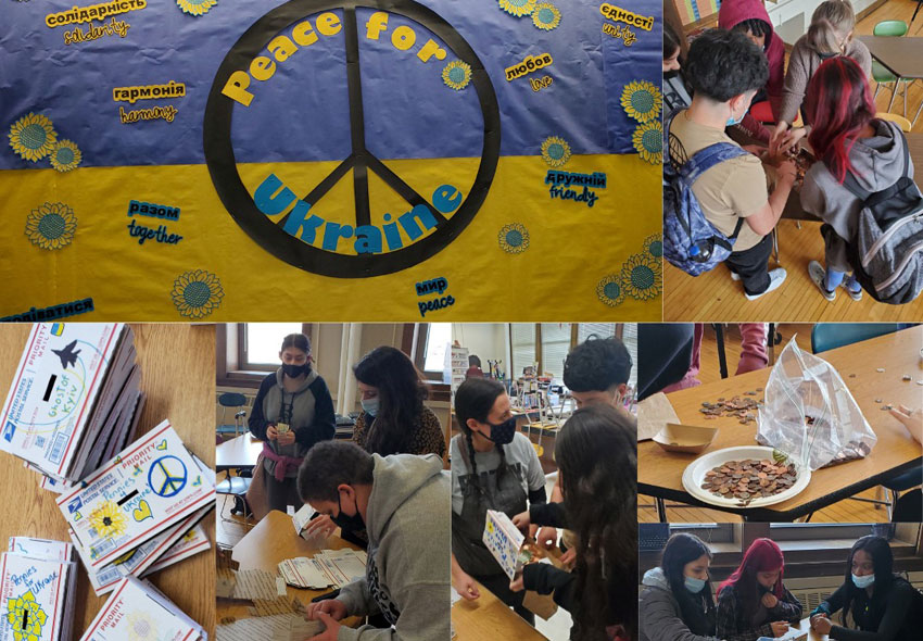 Photo collage of students working on raising money for Ukraine.