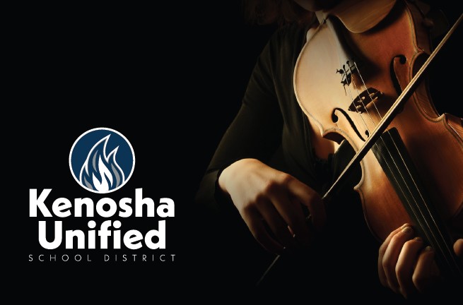 logo placed over a dark background image of a student playing a viola