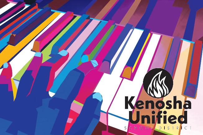 black monochrome logo over a multi colored background of a piano being played