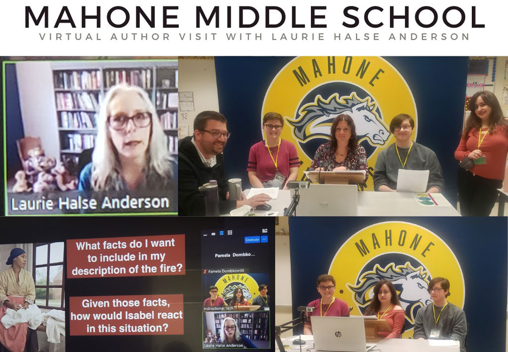 3 Mahone students sit at a computer and speak with the author