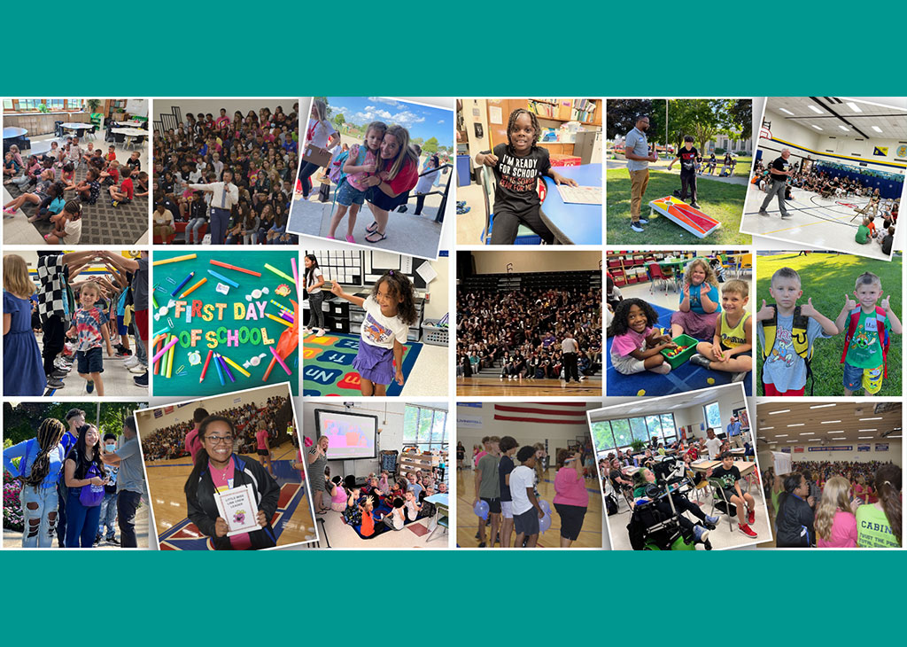 Collage of various pictures of students on the first day of school.