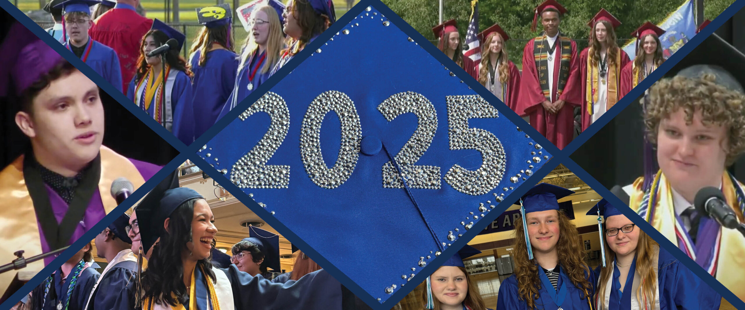 Photo collage of KUSD senior graduates. I photo of "2025" from the top of a hat is in the middle.