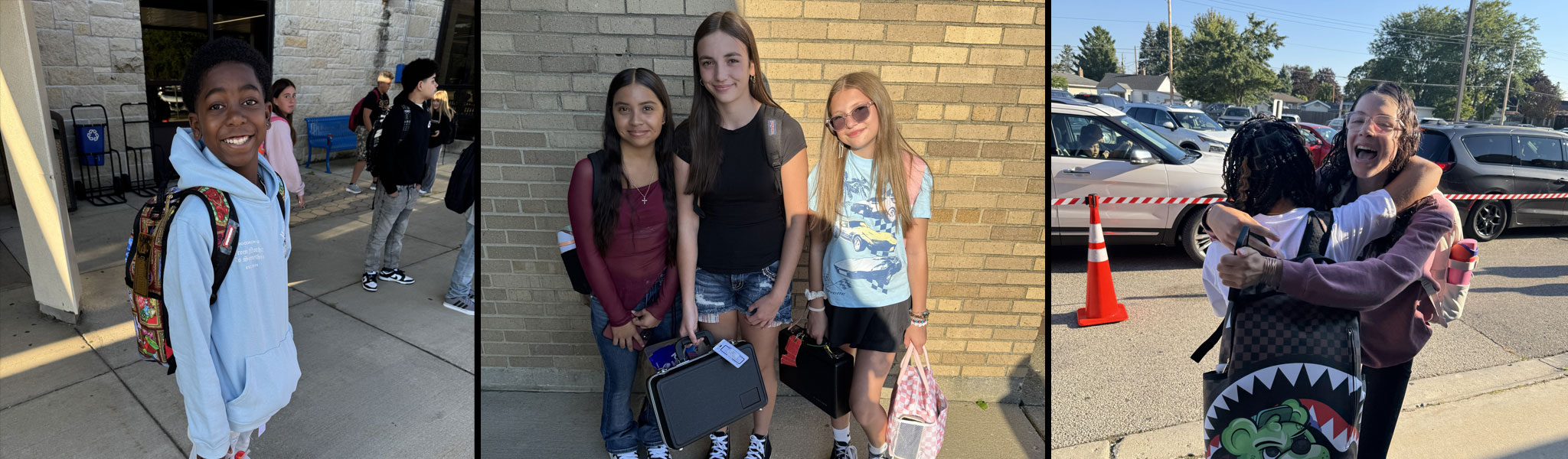 Middle school students smiling and greeting each other on the first day of school.