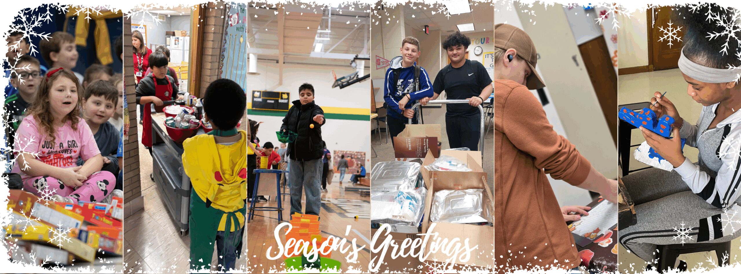 Collage of photos; cereal drive at Harvey, kindness at Southport, Fall Fest at Bullen, Mahone gratitude projects, Bradford thankful letters, Reuther art