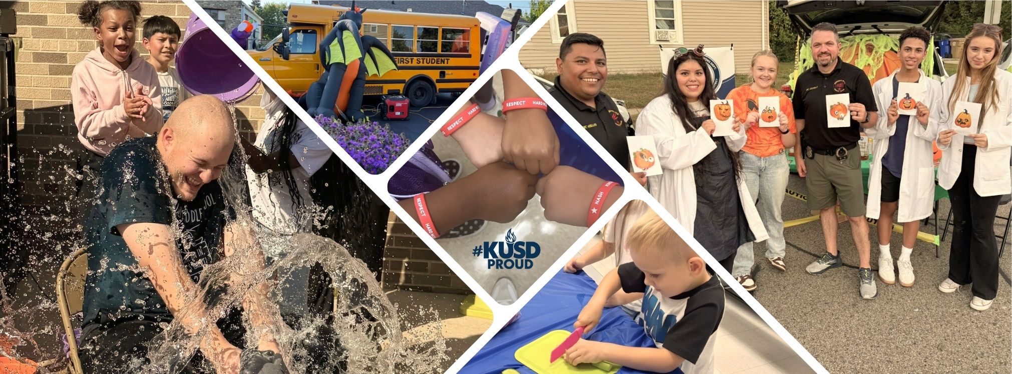Collage of photos; a teacher gets wet from the ice bucket challenge, a young student cutting celery, four hands wearing Nash bracelets, the Grewenow dragon mascot, and police officers with students showing off their pumpkin stickers.