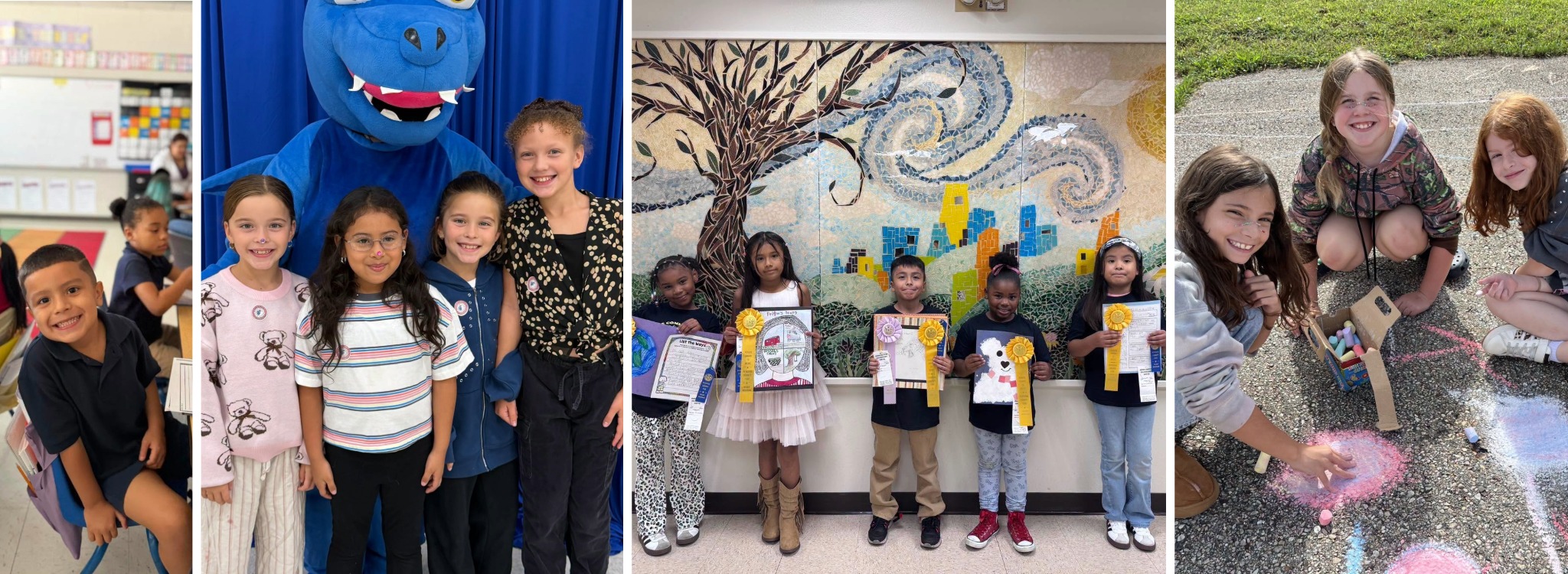 Four photos in a collage: a boy smiling at a desk, four students with the Grewenow mascot, five students holding art awards, and three girls doing a chalk drawing.