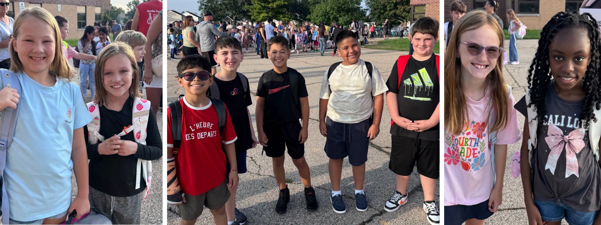 A collage of elementary school students smiling outdoors on their first day of school, wearing backpacks and casual clothes.