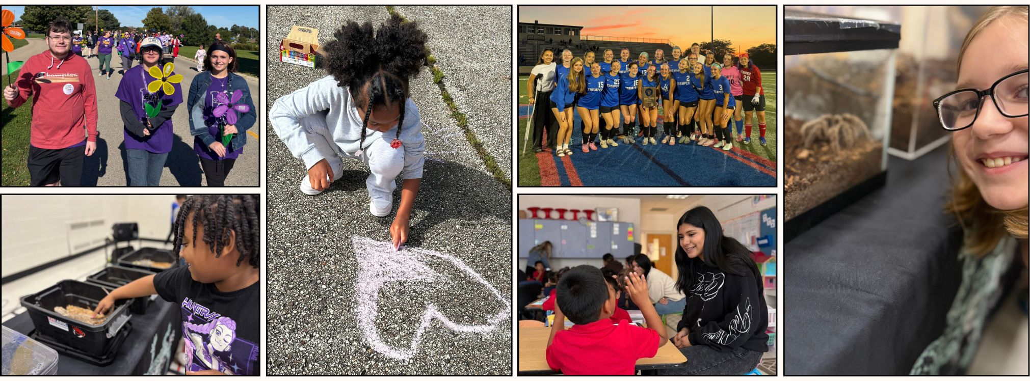 Collage of 6 photos, including the Tremper girls soccer team, a student drawing a chalk heart, a student observing a spider, and a high school student working with an elementary student.