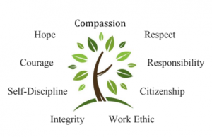 Pleasant Prairie tree logo surrounded by the words Compassion, Respect, Responsibility, Citizenship, Work Ethic, Integrity, Self-Discipline, Courage, Hope