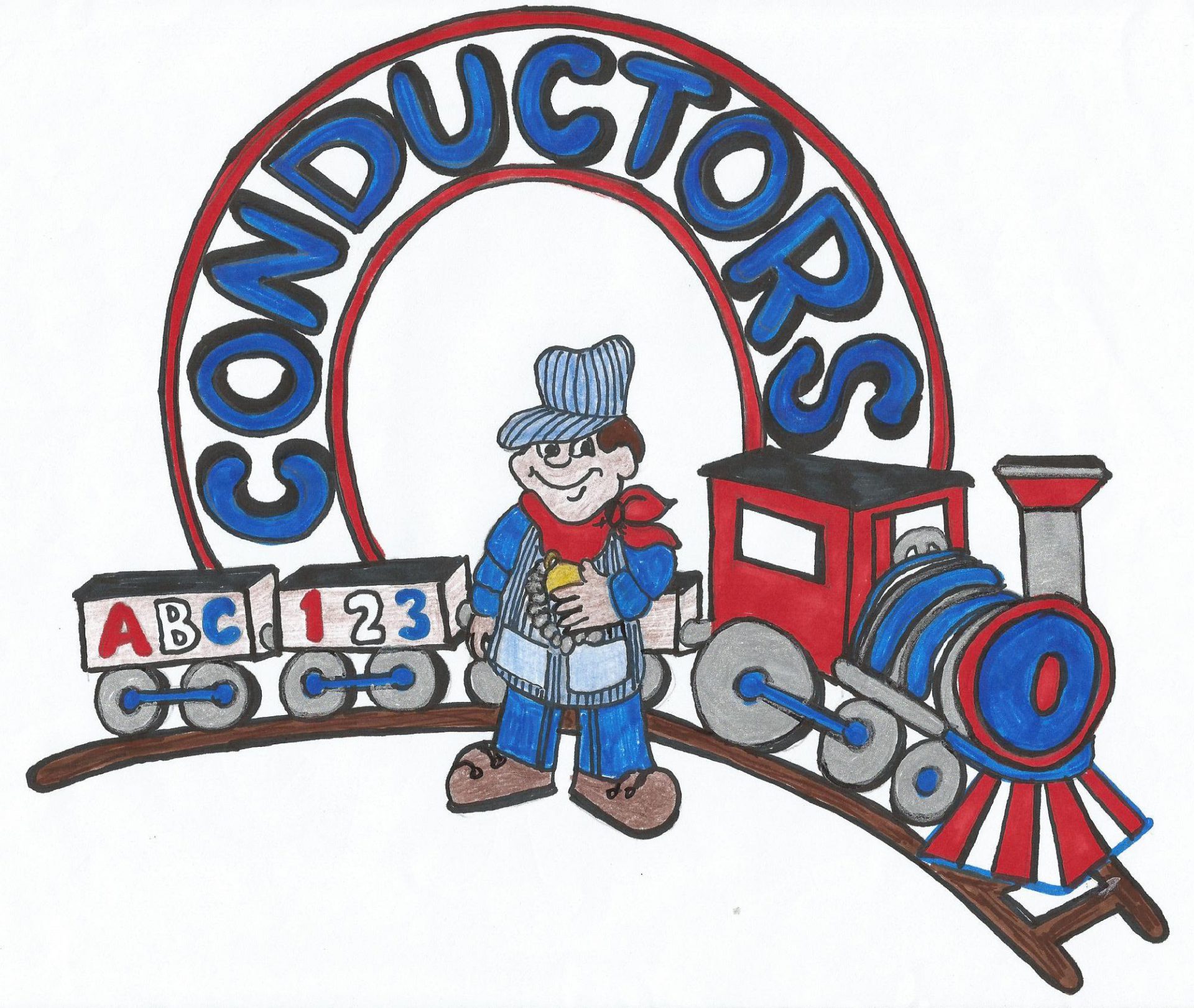 Illustration of a train conductor and toy train.