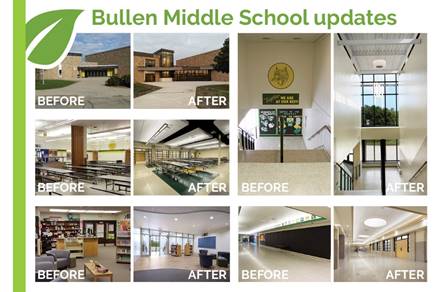 Bullen Middle School updates: before and after images of various locations in the builiding.